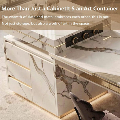 60"-79"Luxury Marble Kitchen Island Dining Combo with Built-in Outlets & Gold Trim Drawers