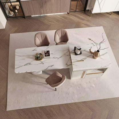 60"-79"Luxury White Marble Kitchen Island with Extendable Dining Table & Gold Trim