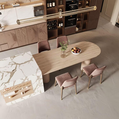 60“-79”Light Wood Kitchen Island Dining Set with Marble Accent, Built-in Outlets & Wine Storage