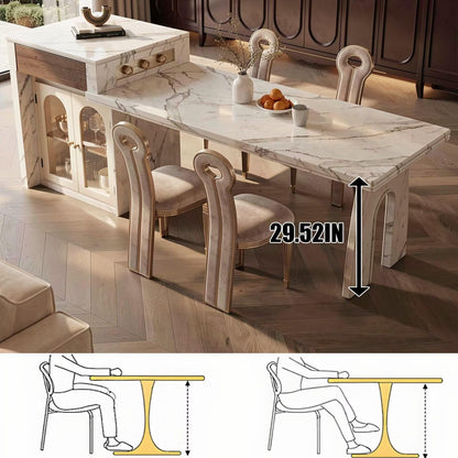 60"-79"French Marble Kitchen Island Dining Combo with Built-in Outlets & Glass Cabinet