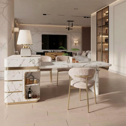 60"-79"White Marble Kitchen Island Dining Combo with Built-in Outlets & Side Wine Storage