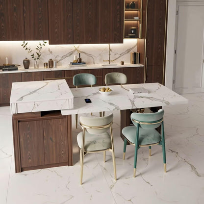 60"-79"Luxury Marble Kitchen Island with Dining Table, Built-in Power Station & Wood Storage