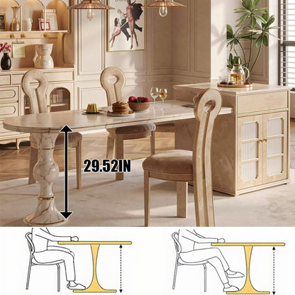 60"-79"French Cream Marble Kitchen Island Dining Combo with Storage Cabinet & Gold Trim