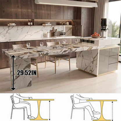 60"-79"Luxury Marble Kitchen Island Dining Combo with LED Light & Gold Trim Storage