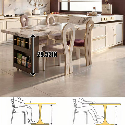 60"-79"Modern Calacatta Marble Kitchen Island with Integrated Dining Table & Gold Trim