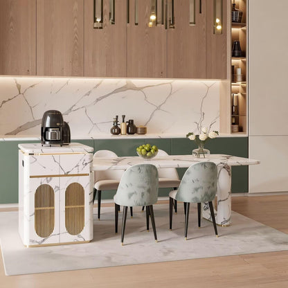 Marble Kitchen Island with Extendable Dining Table, Power Station & Storage Cabinet