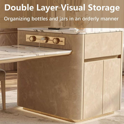 60"-79"Elegant Marble Kitchen Island Dining Set with Gold Metal Base & Built-in Power Station