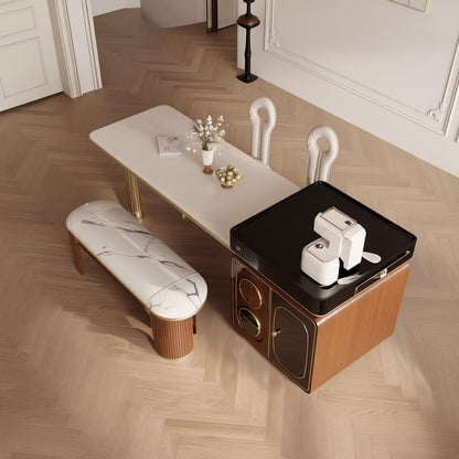 60"-79"Luxury Marble Kitchen Island with Dining Table, Gold Trim & Wooden Storage Cabinet