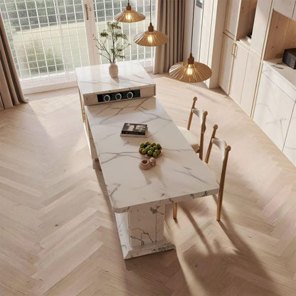 60"-79"Luxury White Marble Kitchen Island with Extendable Dining Table & Gold Trim