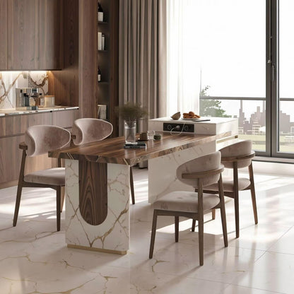 60"-79"Wood & Marble Kitchen Island Dining Table Combo with Built-in Outlets, Modern Luxury