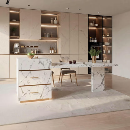 60"-79"Modern White Marble Kitchen Island Combo with Dining Table & Drawer Storagen