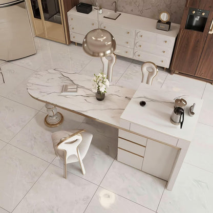 60"-79"Luxury Oval Marble Kitchen Island with Gold Trim, Built-in Power & Cabinet Storage
