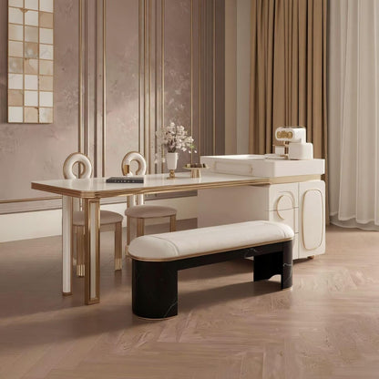 60"-79"White & Gold Kitchen Island Dining Combo with Built-in Outlets & Storage Cabinet