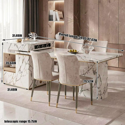 60"-79"Luxury Marble Kitchen Island with Dining Table, Built-in Power Station & Gold Trim