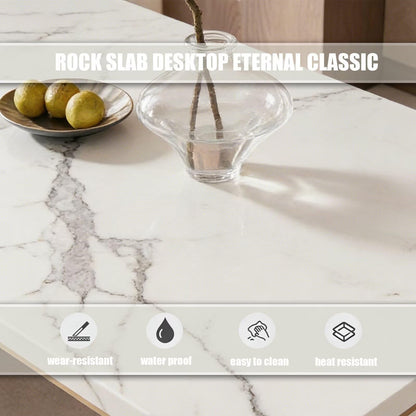 60"-79"Luxury Marble Kitchen Island with Dining Table, Built-in Power Station & Gold Trim