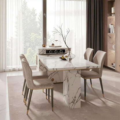 60"-79"Luxury Marble Kitchen Island with Dining Table, Built-in Power Station & Gold Trim
