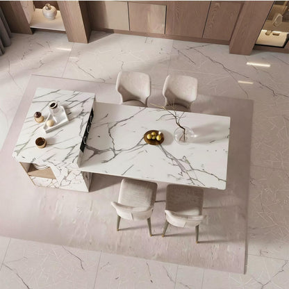 60"-79"Luxury Marble Kitchen Island with Dining Table, Built-in Power Station & Gold Trim