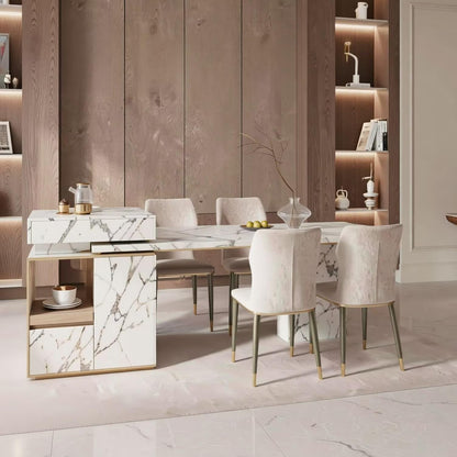 60"-79"Luxury Marble Kitchen Island with Dining Table, Built-in Power Station & Gold Trim