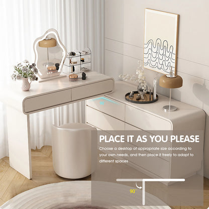 Modern Creamy Makeup Vanity Set with Led-Mirror and Stool