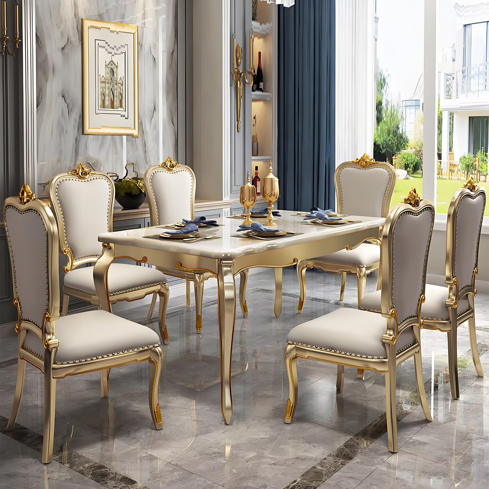59“Luxury French Dining Table, Marble Top with Gold Trim Legs for 6-8 People