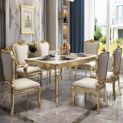 59“Luxury French Dining Table, Marble Top with Gold Trim Legs for 6-8 People