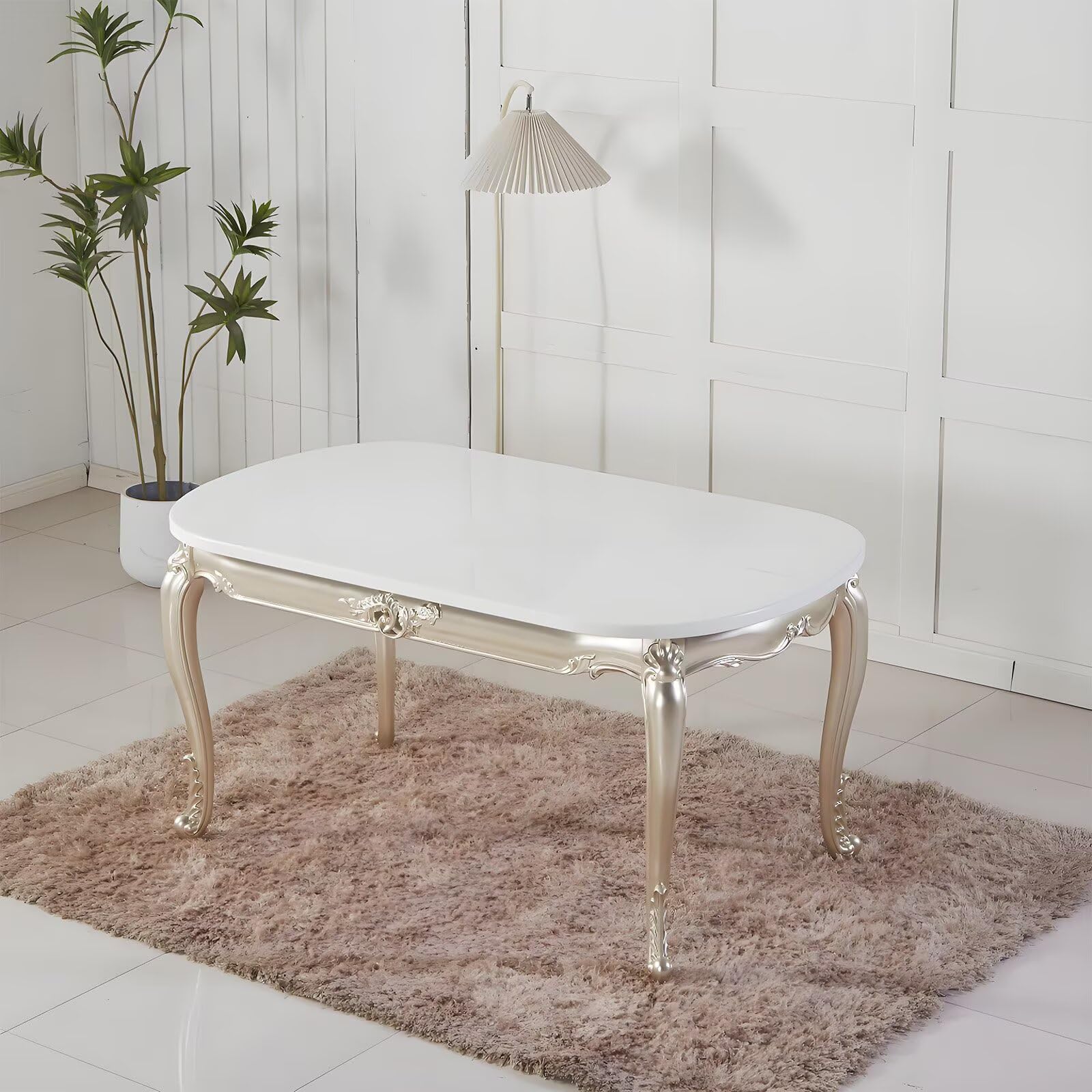 59"-62"Luxury European Dining Table, Oval Marble-Like Top with Curved Gold Legs