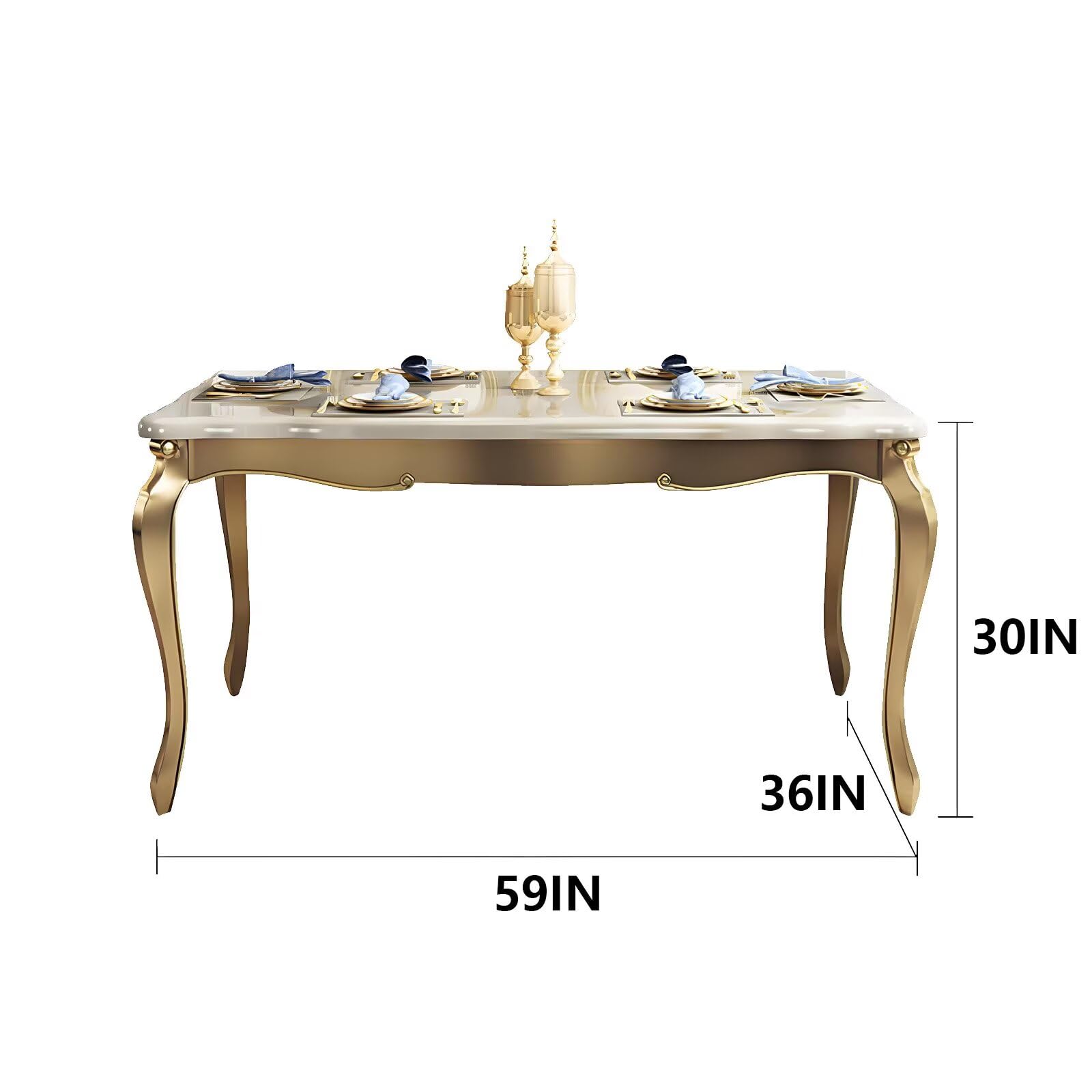 59“Luxury French Dining Table, Marble Top with Gold Trim Legs for 6-8 People