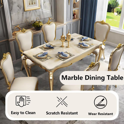 59“Luxury French Dining Table, Marble Top with Gold Trim Legs for 6-8 People
