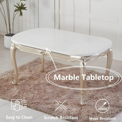 59"-62"Luxury European Dining Table, Oval Marble-Like Top with Curved Gold Legs