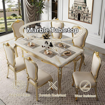 59"-62"Elegant Rococo Dining Table, Cream & Gold Finish for Formal Dining Room