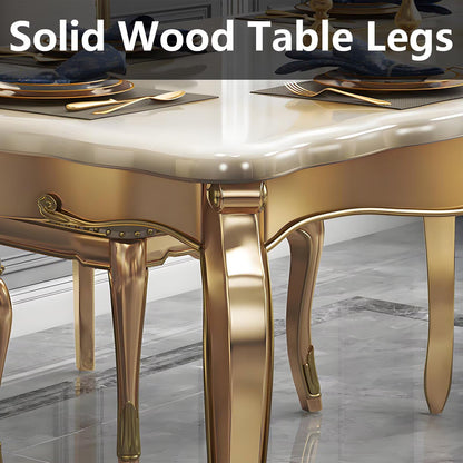 59“Luxury French Dining Table, Marble Top with Gold Trim Legs for 6-8 People