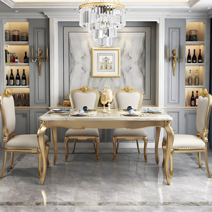 59“Luxury French Dining Table, Marble Top with Gold Trim Legs for 6-8 People