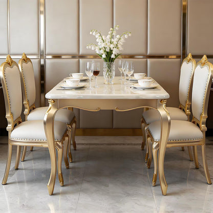 59“Luxury French Dining Table, Marble Top with Gold Trim Legs for 6-8 People