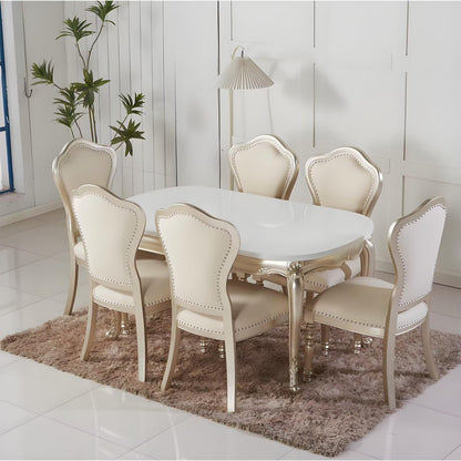 59"-62"Luxury European Dining Table, Oval Marble-Like Top with Curved Gold Legs