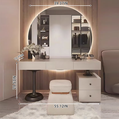 5 Drawers Minimalist Dressing Table with Circle Backlit Mirror and Stool 5 Drawers Minimalist Dressing Table with Circle Backlit Mirror and Stool