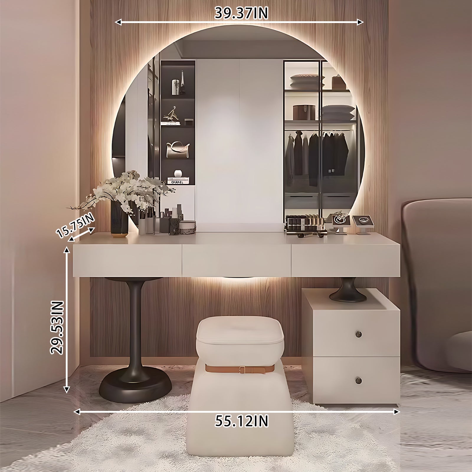 5 Drawers Minimalist Dressing Table with Circle Backlit Mirror – High QLO