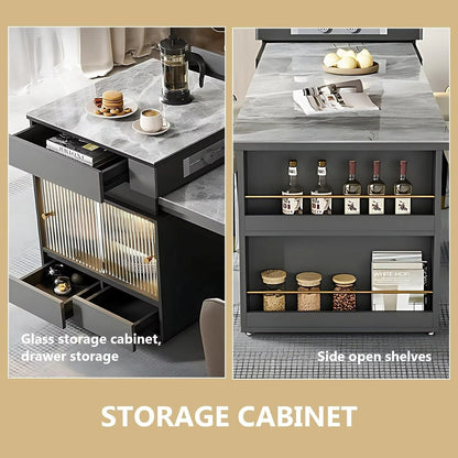 51” - 67” Grey Luxury Kitchen Island Includes Striped Glass Cabinet (No Chair)