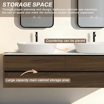 60” - 78” Dark Brown Bathroom Vanity with Four Large Drawers & Above Counter Sinks