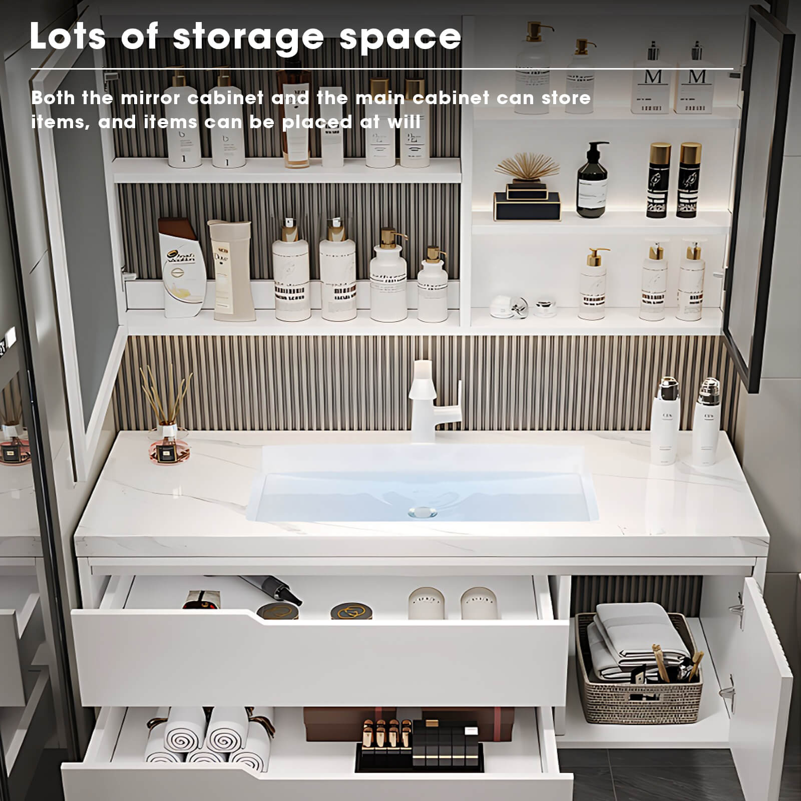 36"- 48" Floating Bathroom Vanity Set with Sink and Defogging Lighting Mirror