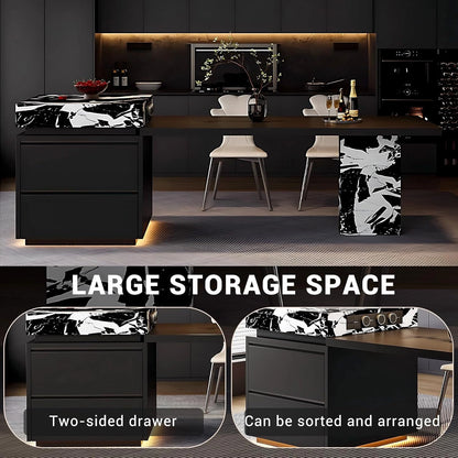 81” - 105” Modern Black Kitchen Island with Extendable Dining Table & LED Light (No Chair)