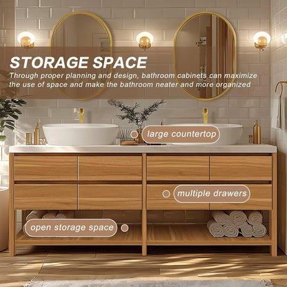 60” – 96” Natural Bathroom Vanity with Hidden Door Handle & Double Sinks