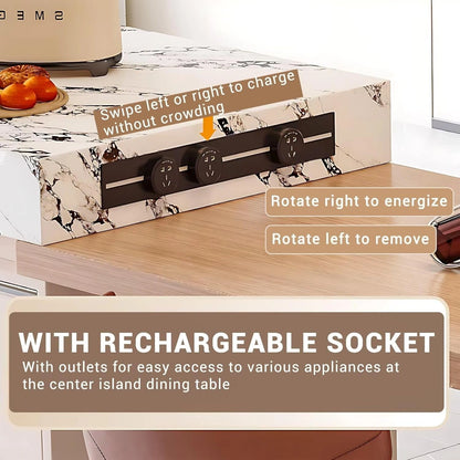 81” - 101” Elegant Log Kitchen Island Includes Black and White Patterned Surface (No Chair)