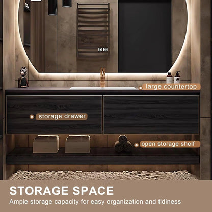 44” - 64” Black Bathroom Vanity with Sink Includes Horizontal Grain Wood Cabinet