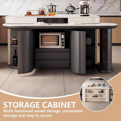 64” - 80” Black Kitchen Island with Mobile Guide Socket & Double-column Table Legs (No Chair)