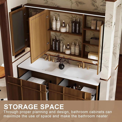 60” - 80” Brown Vintage Bathroom Vanity with Grid - Patterned Door Design