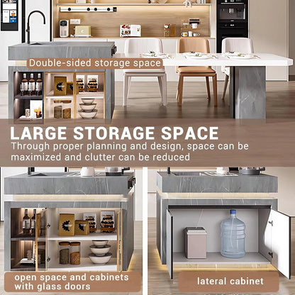 94” - 109” Unique White Kitchen Island Includes Metal Frame Visual Storage (No Chair)