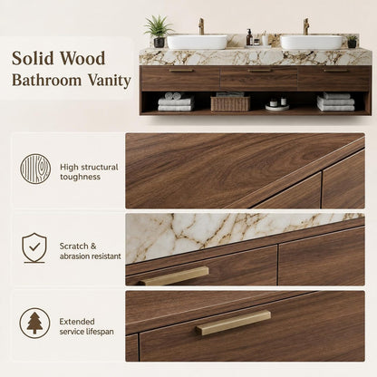 52''-110'' Modern Floating Bathroom Vanity with Double Sink Includes Wood Drawer Storage