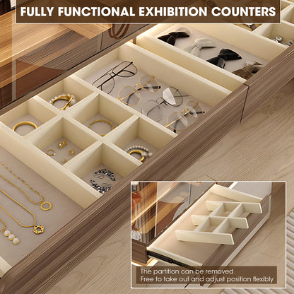 Modern Wardrobe Island Cabinet with Visible Tempered Glass Top - High-End, Large Capacity, Sectional Storage with LED Light and Jewelry Display