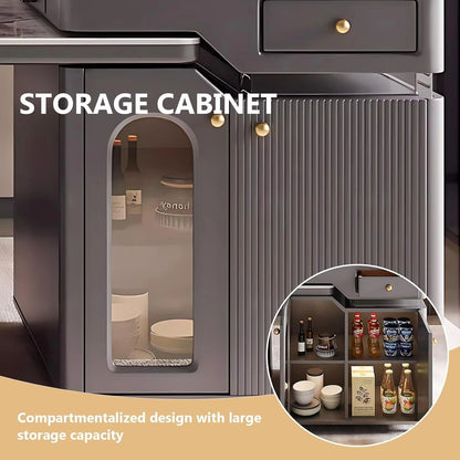 91” - 98” Grey Modern Kitchen Island Includes Trapezoidal Base & Glass Cabinet Door (No Chair)