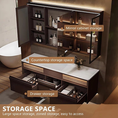 48” – 64” Unique Practical Bathroom Vanity with Double Sink and Glass Open Shelves